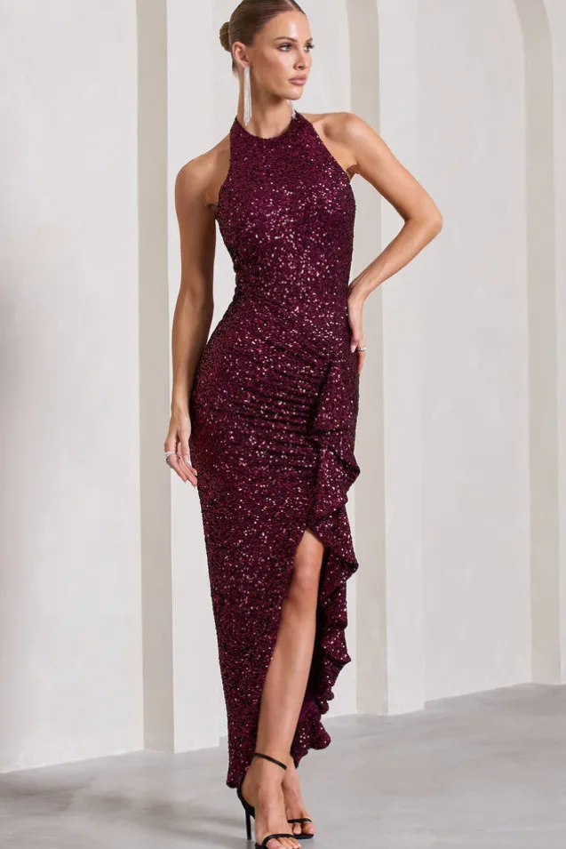 Under The Stars | Plum Sequin High-Neck Open-Back Maxi Dress With Drape