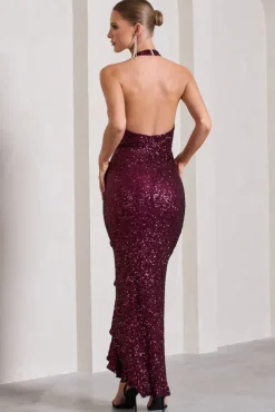 Under The Stars | Plum Sequin High-Neck Open-Back Maxi Dress With Drape
