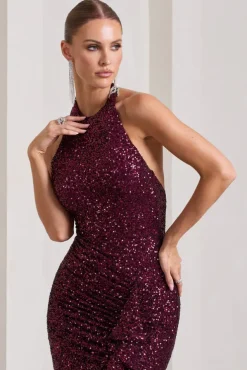 Under The Stars | Plum Sequin High-Neck Open-Back Maxi Dress With Drape