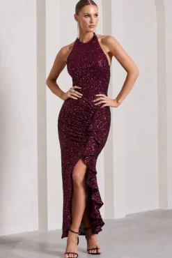 Under The Stars | Plum Sequin High-Neck Open-Back Maxi Dress With Drape