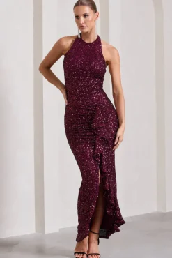 Under The Stars | Plum Sequin High-Neck Open-Back Maxi Dress With Drape