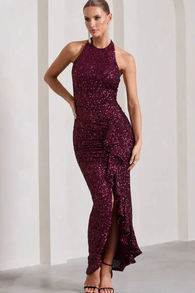 Under The Stars | Plum Sequin High-Neck Open-Back Maxi Dress With Drape