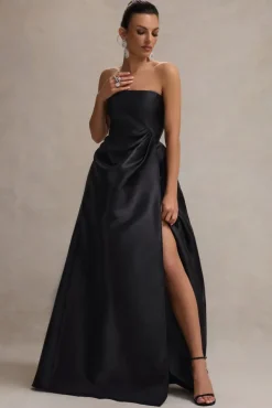 Universe | Black Bandeau Puff-Skirt Split Maxi Dress
