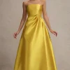 Universe | Mustard Bandeau Split Puff-Skirt Maxi Dress