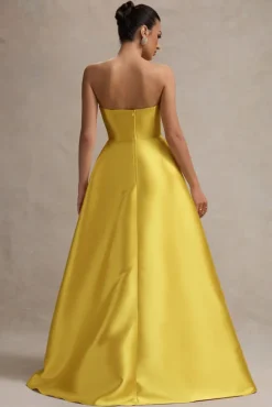 Universe | Mustard Bandeau Split Puff-Skirt Maxi Dress