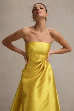 Universe | Mustard Bandeau Split Puff-Skirt Maxi Dress