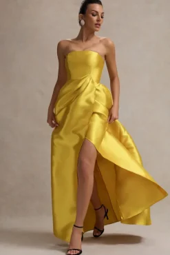 Universe | Mustard Bandeau Split Puff-Skirt Maxi Dress