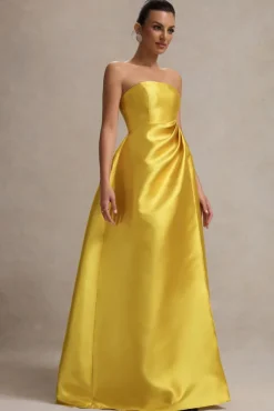 Universe | Mustard Bandeau Split Puff-Skirt Maxi Dress