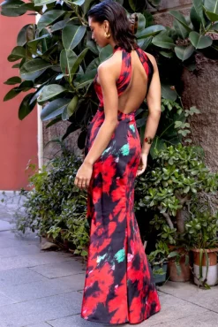 Unstoppable | Black Floral Cross Over Halter Neck Maxi Dress