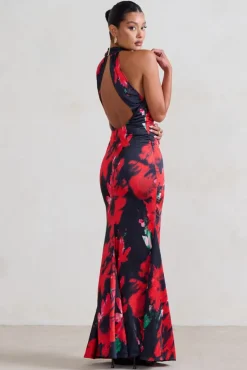 Unstoppable | Black Floral Cross Over Halter Neck Maxi Dress
