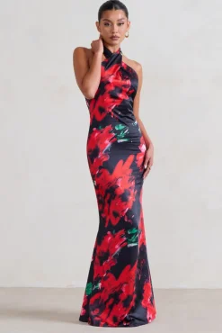 Unstoppable | Black Floral Cross Over Halter Neck Maxi Dress