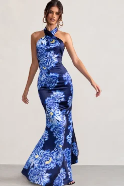 Unstoppable | Blue Floral Print Satin Cross Over Halter Neck Maxi Dress