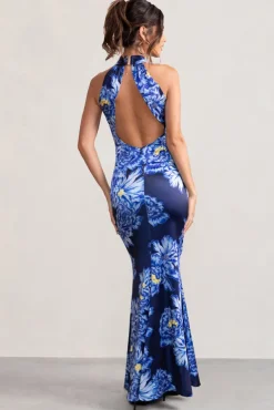 Unstoppable | Blue Floral Print Satin Cross Over Halter Neck Maxi Dress
