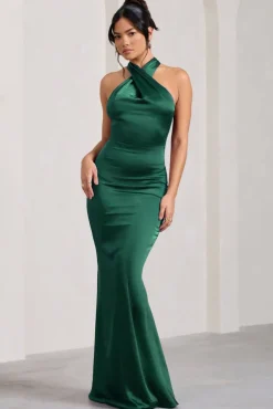 Unstoppable | Bottle Green Satin Cross Over Halterneck Maxi Dress