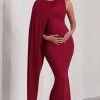 Unveil | Berry One-Sleeve Cape Maternity Maxi Dress
