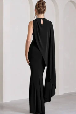 Unveil | Black One-Sleeve Cape Maxi Dress