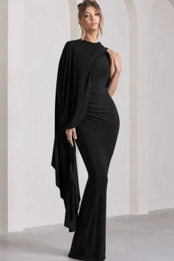 Unveil | Black One-Sleeve Cape Maxi Dress