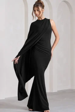 Unveil | Black One-Sleeve Cape Maxi Dress
