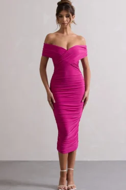 Unwrapped | Dark Pink Ruched Twist Bardot Midi Dress