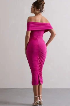 Unwrapped | Dark Pink Ruched Twist Bardot Midi Dress