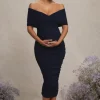 Unwrapped | Navy Ruched Twist Bardot Maternity Midi Dress