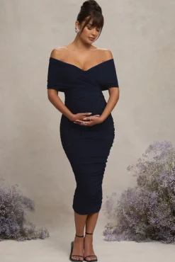 Unwrapped | Navy Ruched Twist Bardot Maternity Midi Dress