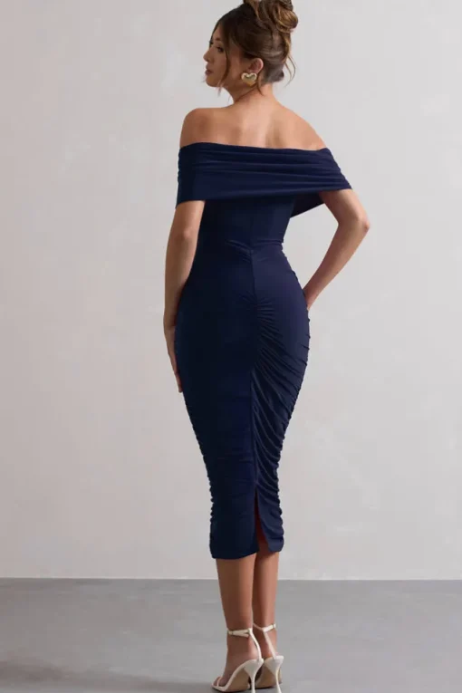 Unwrapped | Navy Ruched Twist Bardot Midi Dress