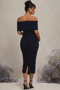 Unwrapped | Navy Ruched Twist Bardot Maternity Midi Dress