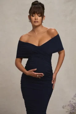 Unwrapped | Navy Ruched Twist Bardot Maternity Midi Dress