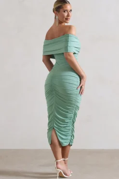 Unwrapped | Sage Ruched Twist Bardot Midi Dress