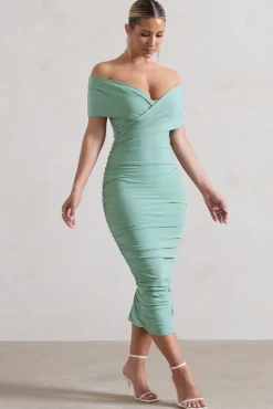 Unwrapped | Sage Ruched Twist Bardot Midi Dress