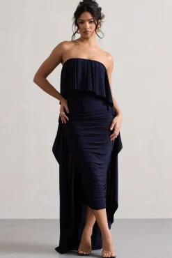 Upon A Time | Navy Ruched Bandeau Midi Dress With Cape