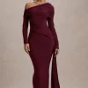 Valina | Burgundy Ruched Asymmetric Maxi Dress With Drape