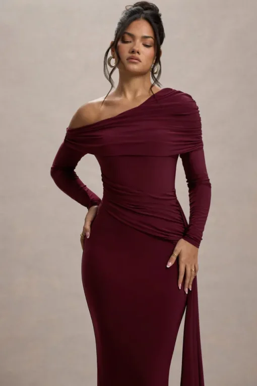 Valina | Burgundy Ruched Asymmetric Maxi Dress With Drape