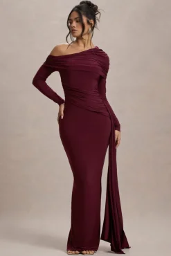 Valina | Burgundy Ruched Asymmetric Maxi Dress With Drape
