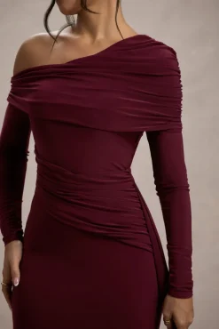 Valina | Burgundy Ruched Asymmetric Maxi Dress With Drape