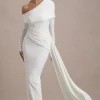 Valina | White Ruched Asymmetric Maxi Dress With Drape