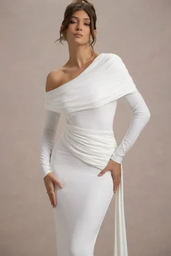 Valina | White Ruched Asymmetric Maxi Dress With Drape