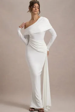 Valina | White Ruched Asymmetric Maxi Dress With Drape