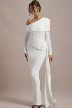 Valina | White Ruched Asymmetric Maxi Dress With Drape