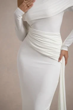 Valina | White Ruched Asymmetric Maxi Dress With Drape
