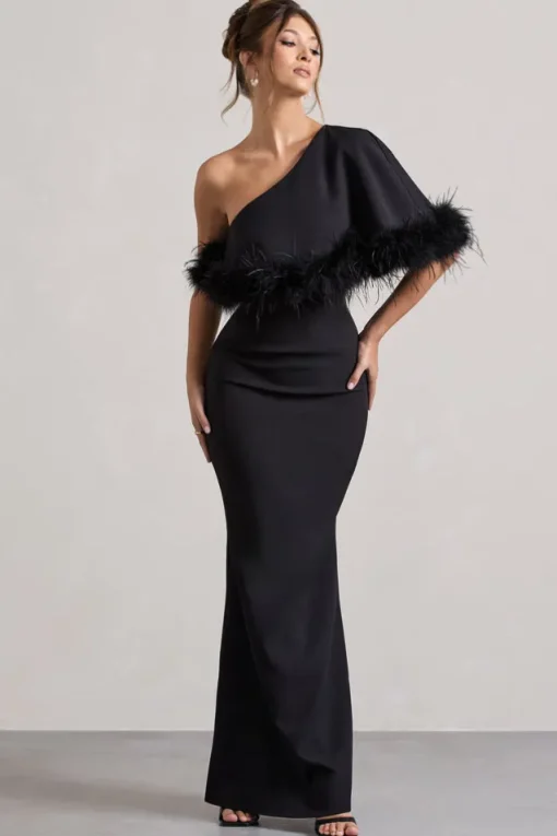 Valor | Black Asymmetric Maxi Dress With Feather Trim