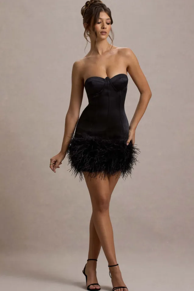 Vampira | Black Satin Corset Feather Mini Dress