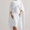 Vana | White Draped Midi Dress With Cape Sleeves