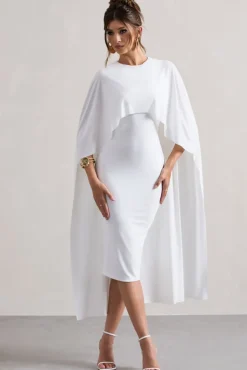 Vana | White Draped Midi Dress With Cape Sleeves