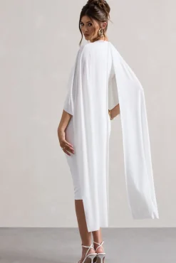 Vana | White Draped Midi Dress With Cape Sleeves