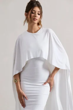 Vana | White Draped Midi Dress With Cape Sleeves