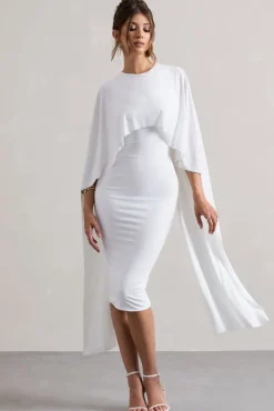 Vana | White Draped Midi Dress With Cape Sleeves