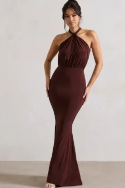 Vanessa | Chocolate Brown Knot Halter-Neck Maxi Dress