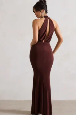 Vanessa | Chocolate Brown Knot Halter-Neck Maxi Dress